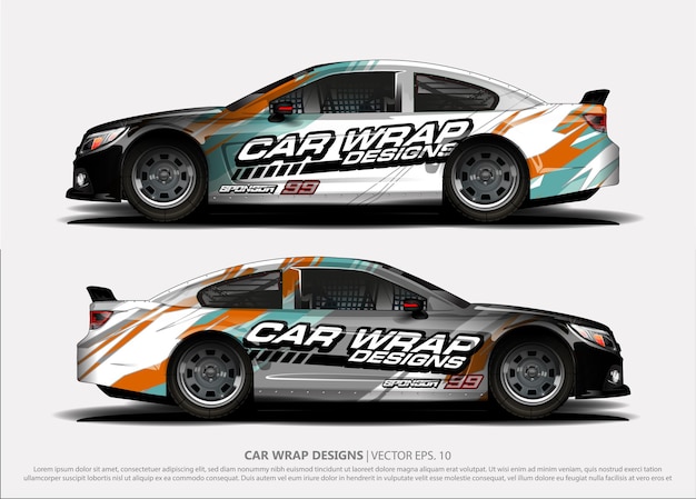 Wrap ontwerp voor racewagens. Voertuig vinyl sticker en auto sticker kleurstelling