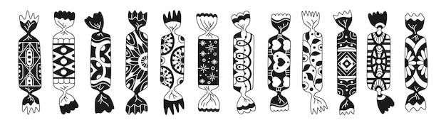 Wrapped candy linear ornament caramel bonbon lollipop black and white cartoon doodle glyph icon set