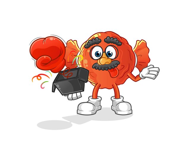 Wrapped candy prank glove in the box. cartoon mascot