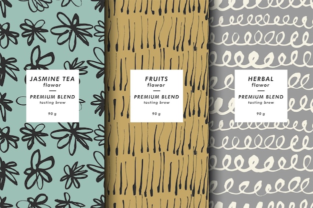 Wrapping paper template Vector set of design elements and icons Linear style for tea package gray and green tea Seamless pattern