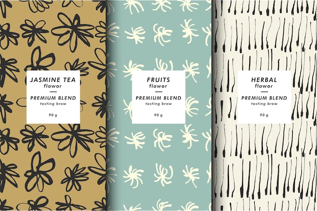 Wrapping paper template Vector set of design elements and icons Linear style for tea package gray and green tea Seamless pattern