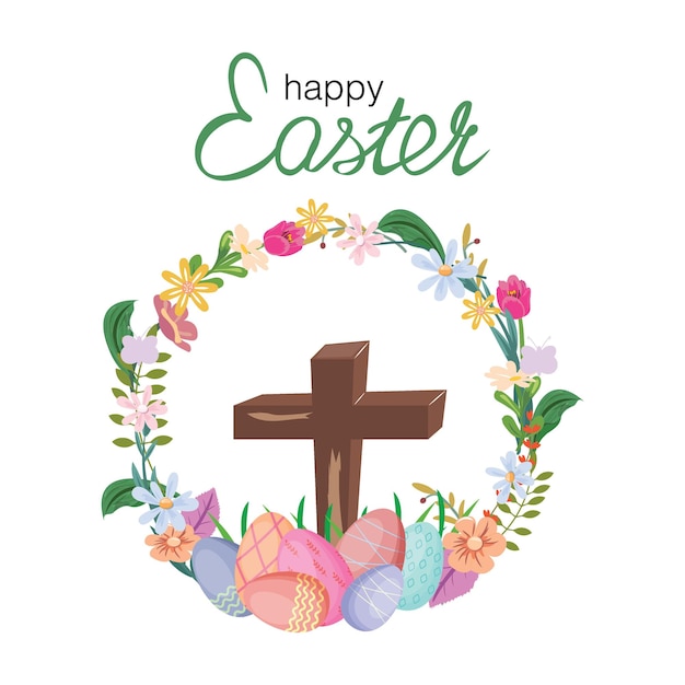 Vector wreath adorned with vibrant flowers delicate leaves and beautifully painted eggs a wooden cross