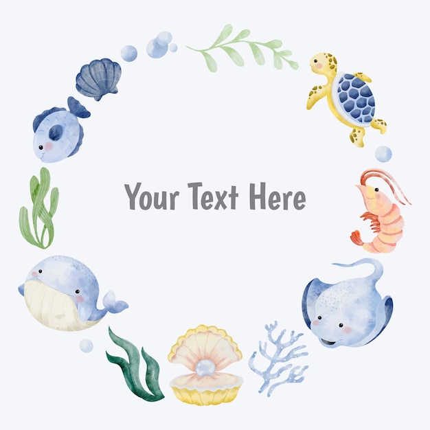 Wreath background with sea animals vector cartoon watercolor