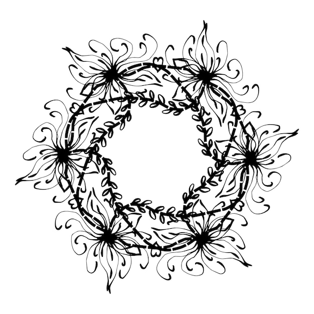 Vettore corona di rami con foglie e fiori squiggle decorativo di contorno isolato vettoriale