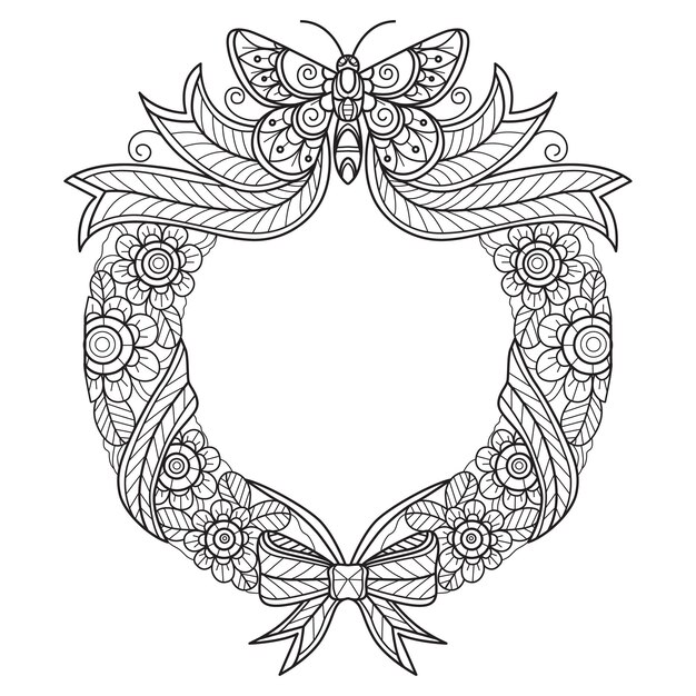 Vector wreath butterfly and flowers hand drawn for adult coloring book