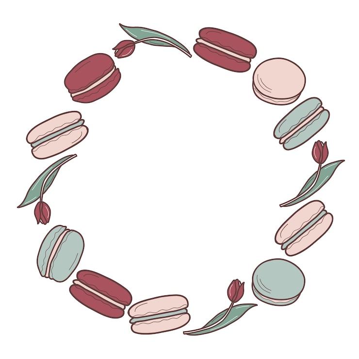 Vector wreath from macaroons and tulips in boho colors vector flat illustration of dessert for menu logo of