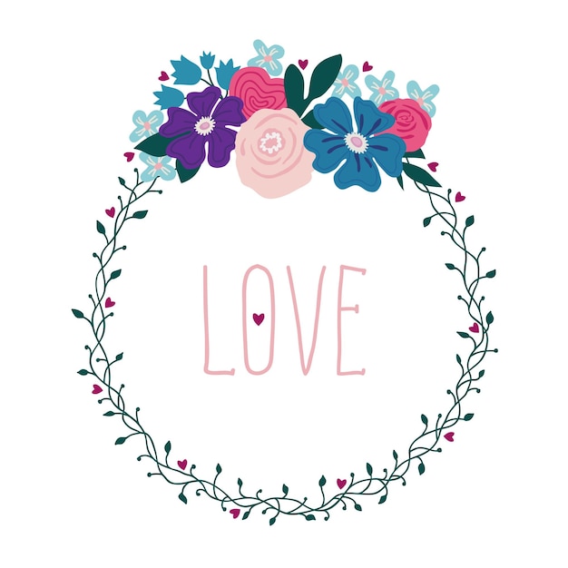 Vector wreath from a vine and flowers floral illustration with the inscription love