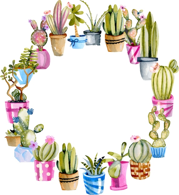 Vector wreath from watercolor cactuses in a pots