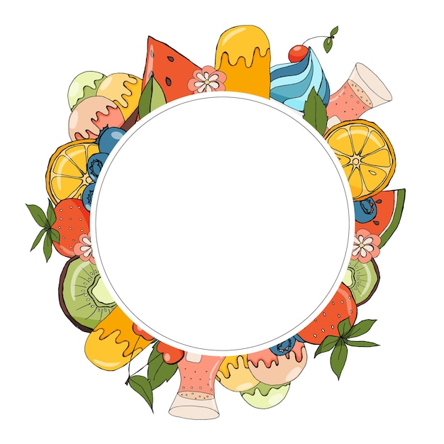 A wreath of fruit and icecream on white background with an copy space for inscription Vector