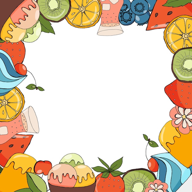 Vector a wreath of fruit and icecream on white background with an copy space for the inscription vector