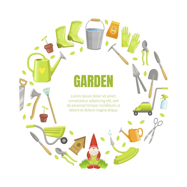 Wreath of garden tools in gray and green colors Vector illustration