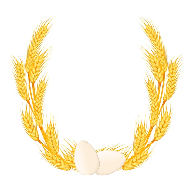 Vector wreath of golden wheat with two white chicken egg flat vector illustration on white background.