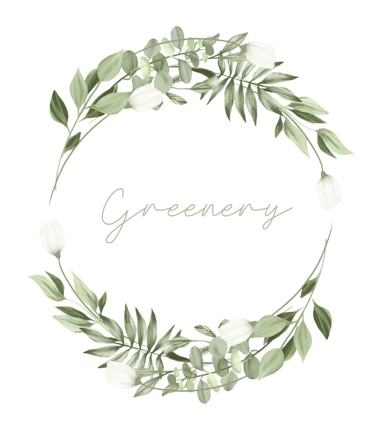 Vector wreath of greenery and white flowers, wedding floral card template