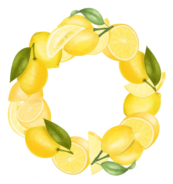 Wreath of hand drawn lemons, isolated illustration