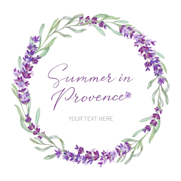 Wreath of lavender flowers space for text watercolor illustration