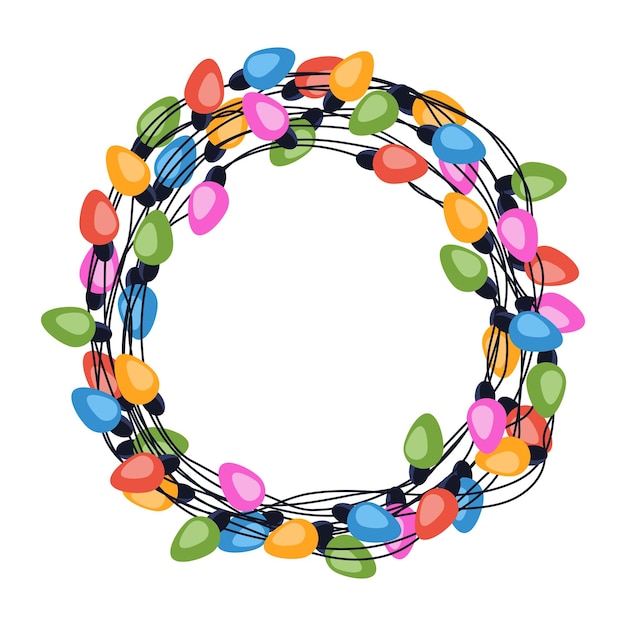 Wreath multicolored garland on cable in flat style. Decoration, holiday concept.