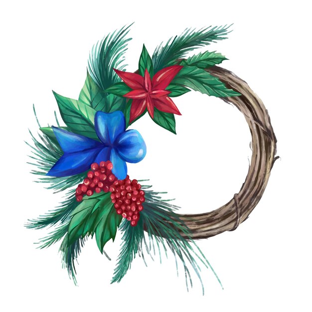 モミの枝の花輪ベリーポインセチア伝統的なクリスマスの装飾ベクトルイラスト