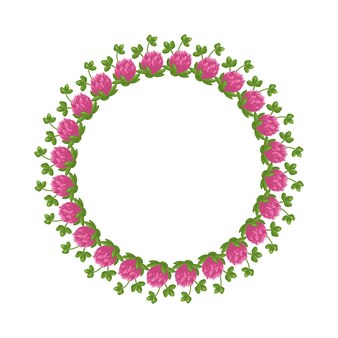 Wreath of pink clover flowers round frame cute bright plant with shamrock leaves festive decorations for wedding holiday postcard poster and design vector flat illustration