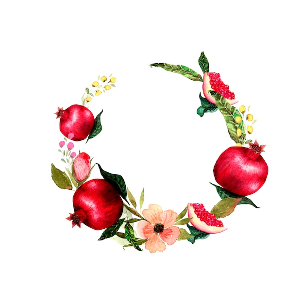 Wreath of pomegranate fruits and flowers.