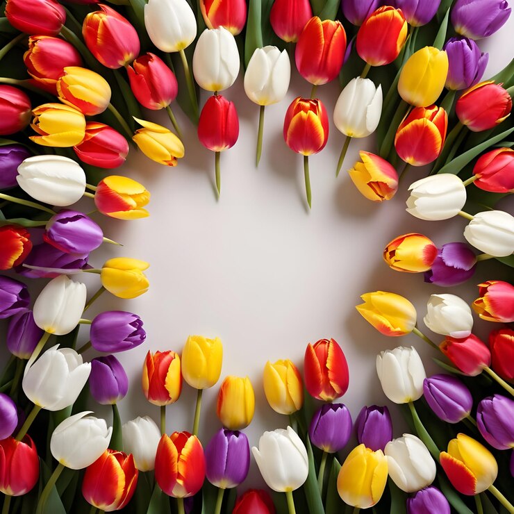 Vector a wreath of purple and yellow tulips with a white background
