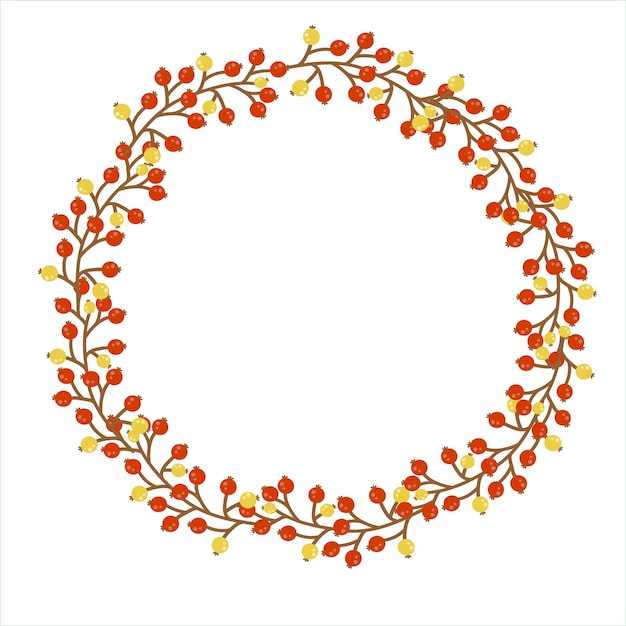 A wreath of red currants with red and yellow berries on brown twigs isolated