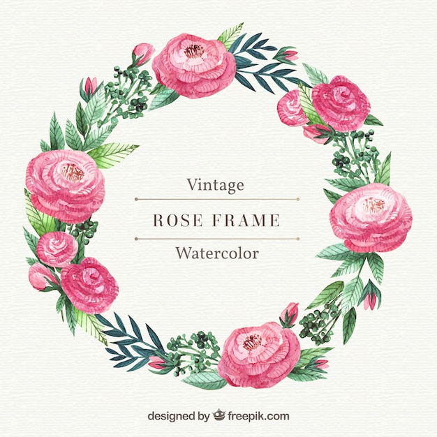 Vector wreath of roses and watercolor leaves