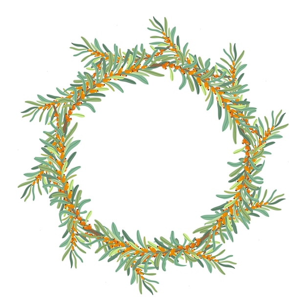 A wreath of sea buckthorn branches Sea buckthorn berries and leaves