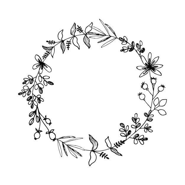 Wreath of simple twigs with different leaves Black lines on white background sketch Doodle style Hand drawn vector illustration with copy space