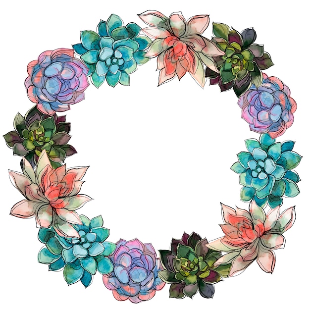 Vector wreath of succulents. watercolor.