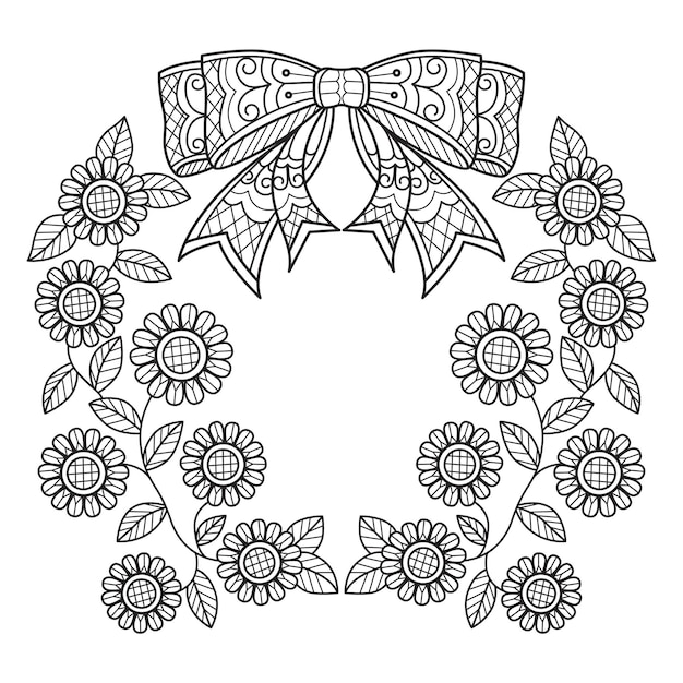 Vector wreath sunflower and ribbon hand drawn for adult coloring book