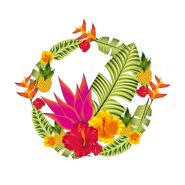 Vector wreath of tropical leaves and flowers