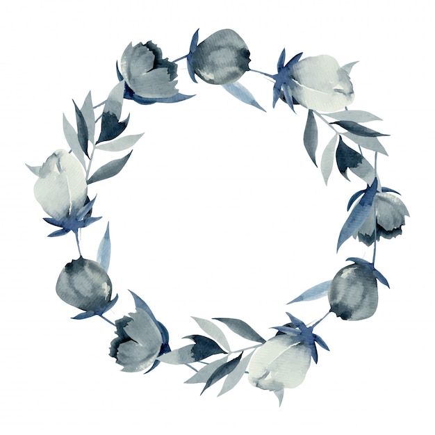 Vector wreath of watercolor indigo flowers, hand drawn on white