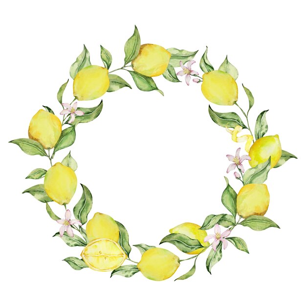 Wreath of watercolor lemons flowers and leaves