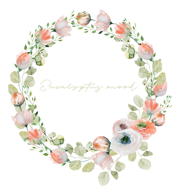 Wreath of watercolor spring plants pink tender wildflowers greenery and eucalyptus branches