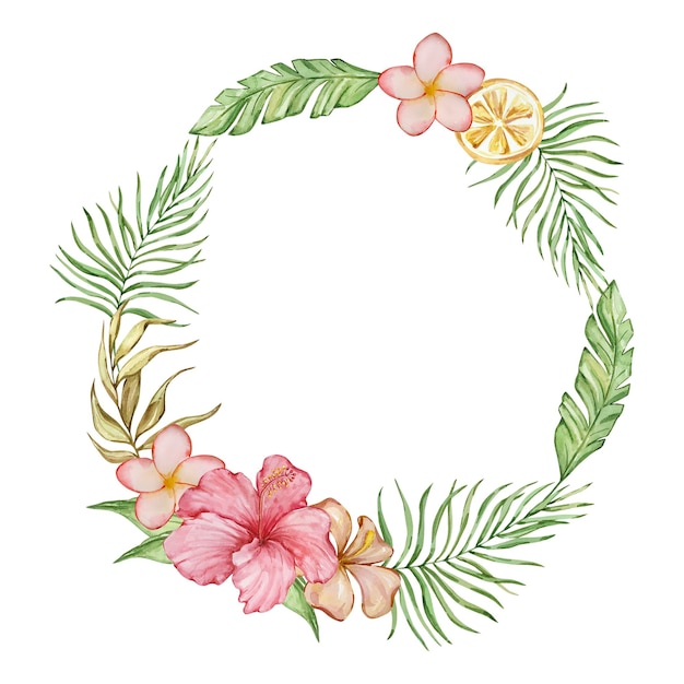 Wreath of watercolor tropical flowers and leaves