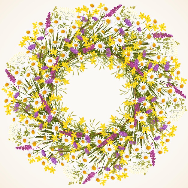 Wreath of wild flowers and grass vector illustration