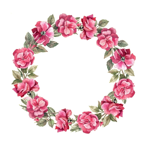 Wreath with flowers and buds of pink roses painted in watercolor Floral seamless background