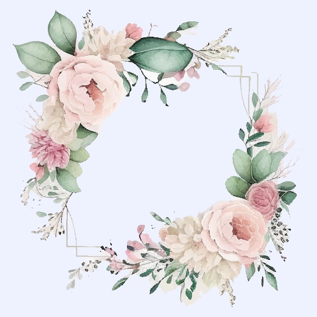 Wreath with flowers leaves and branches in vintage watercolor style vector circle frame