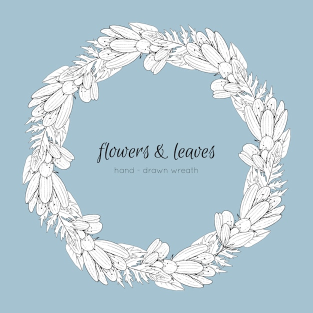 Wreath with hand-drawn flowers and leaves