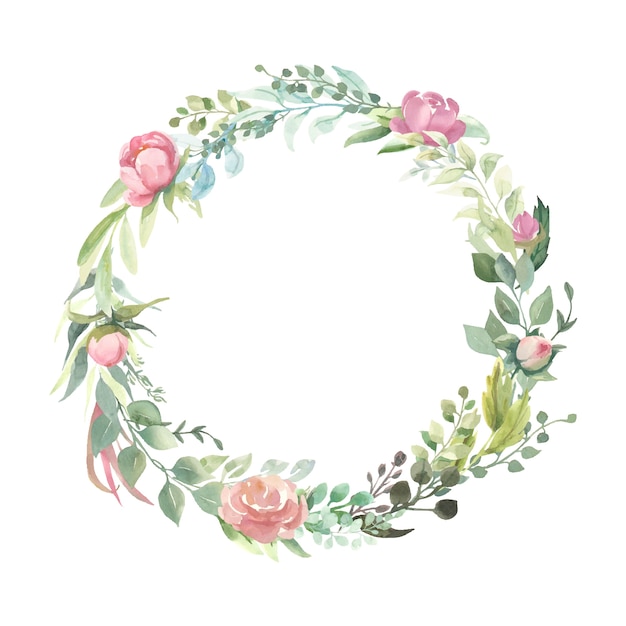 Wreath with pink flower bouquets.