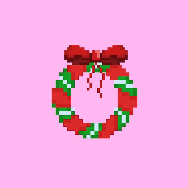 Wreath with red ribbon in pixel art style