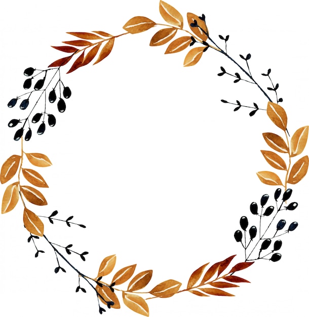 Vector wreath with watercolor autumn branches and berries, hand painted on a white background