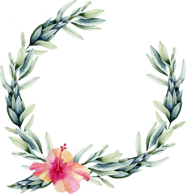 Wreath with watercolor hibiscus flower