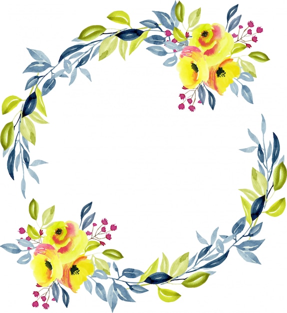 Wreath with yellow roses, blue and green branches