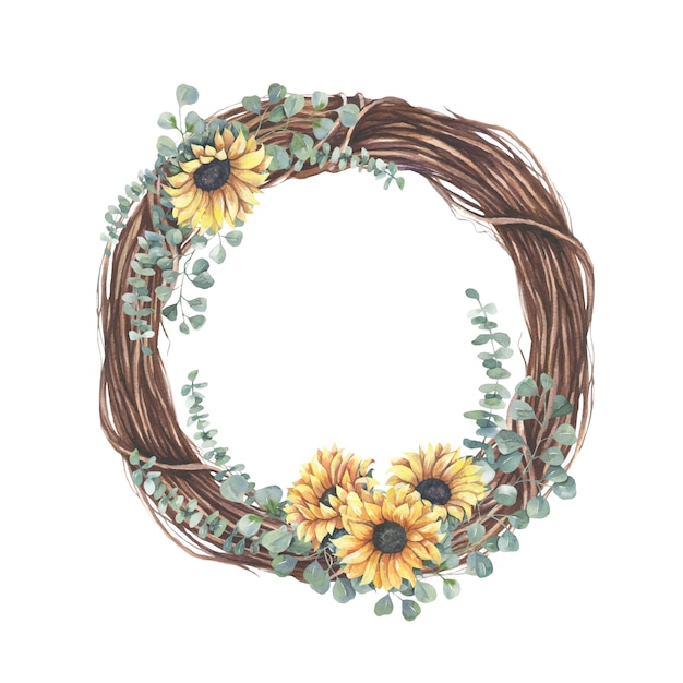 Wreath with yellow  sunflower bouquet.