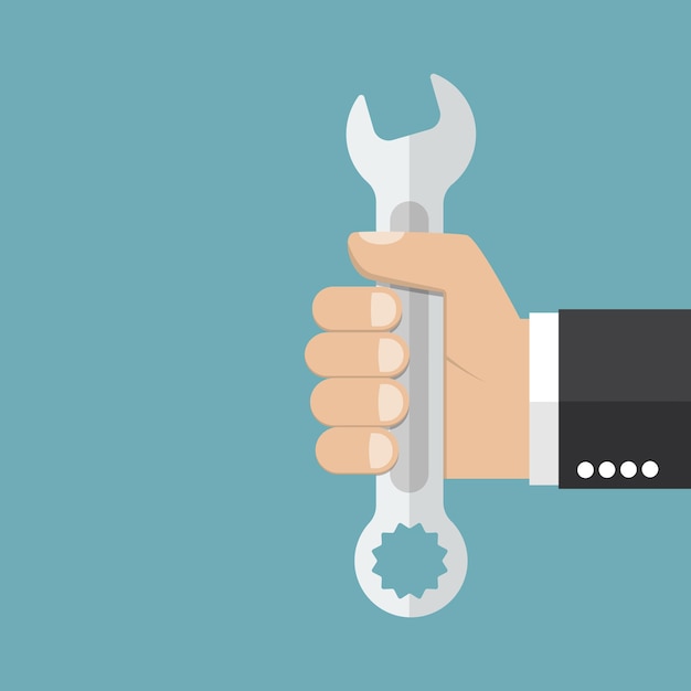 Vector wrench in hand can be the background of the technical service repairs customer support and other mechanical processes vector illustration flat style