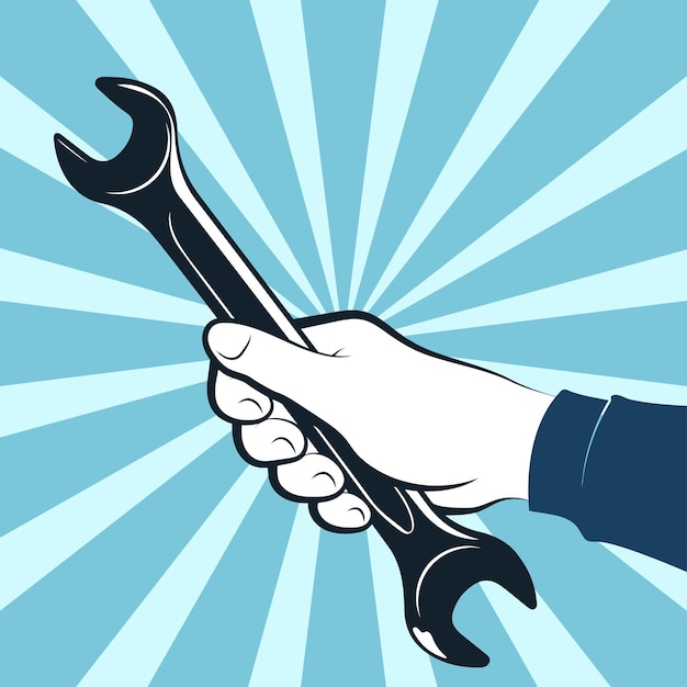 Vector wrench in hand of handyman symbol for repair and service