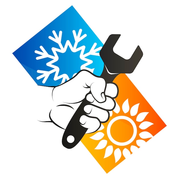 Wrench in hand sun and snowflake Design for air conditioner and heating