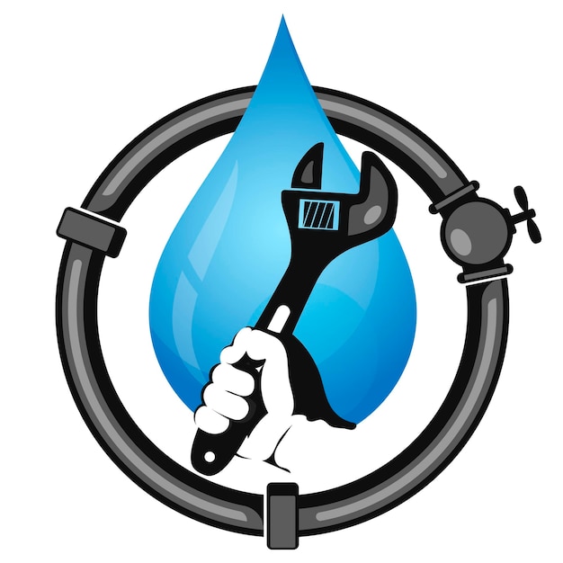 Wrench in hand with a drop of water and a pipe Design for plumbing repair and service