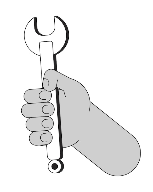 Wrench holding cartoon menselijke hand outline illustratie Handyman tool 2D geïsoleerde zwart-wit vector beeld Auto mechanic repairman arm Spanner doityourself plat monochromatische tekening clip art